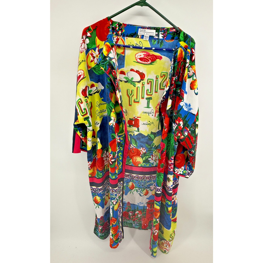 David Meister Sicily Citrus Floral Kimono Jacket Lightweight Resort Boho M L
